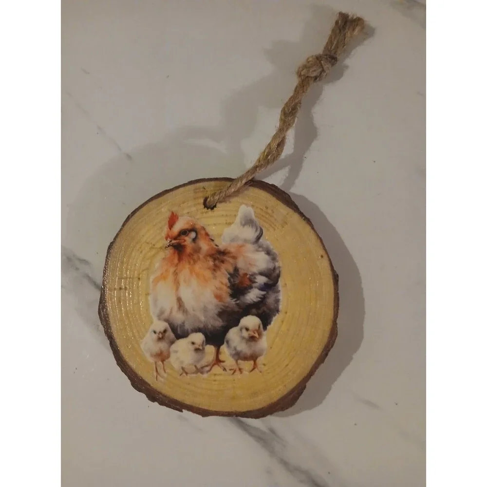 Handmade Woodslice Chicken Ornaments Primitive Cottage Rustic Holiday Gift
